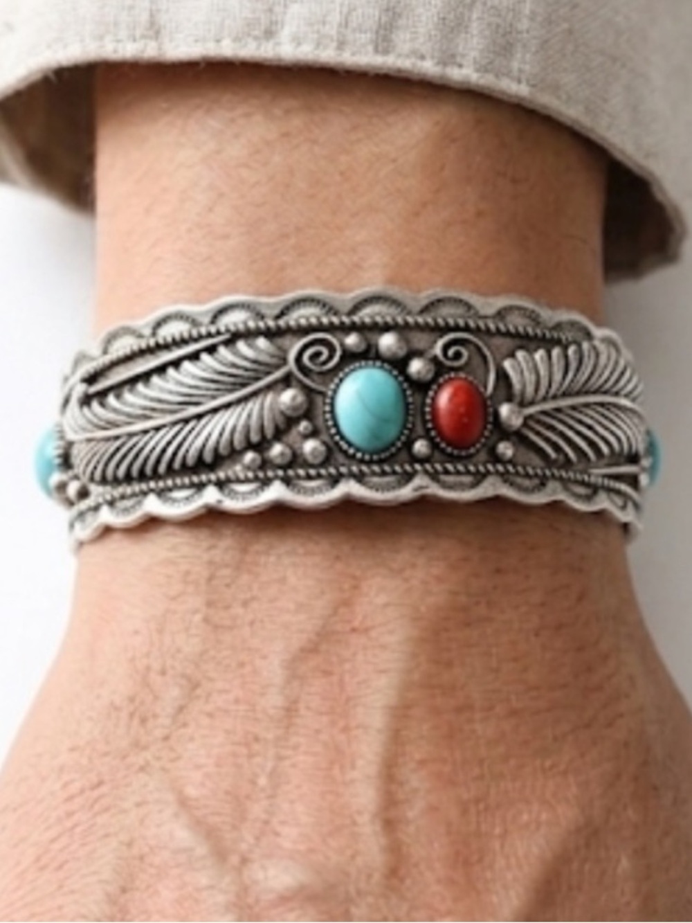 Southwestern Silver Cuff Bracelet with Turquoise & Coral